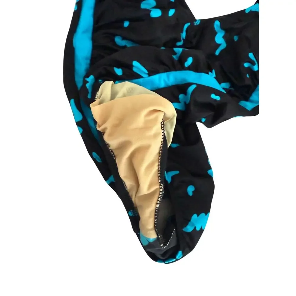 Vintage Maxine of Hollywood Swimsuit Size 14 Black Turquoise Ruched One Piece